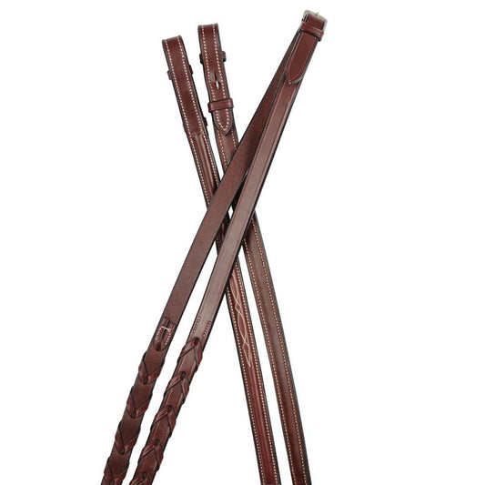 Alt text: Brown Collegiate brand leather horse reins crossed against a white background.