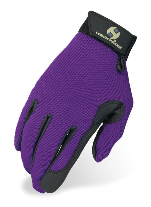 Purple and black riding gloves with velcro strap on white background.