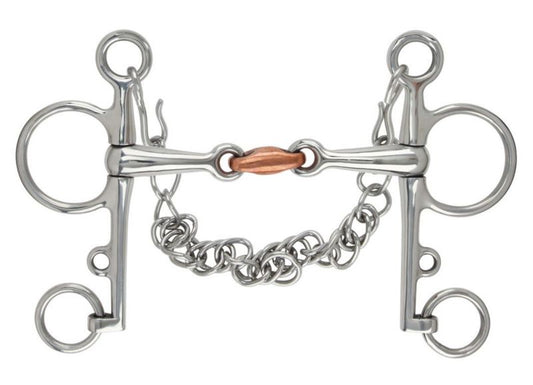 Pelham bit with copper link and stainless steel cheeks.