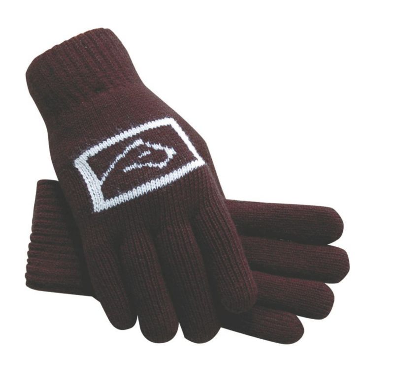 Pair of maroon knit gloves with white logo on the back.