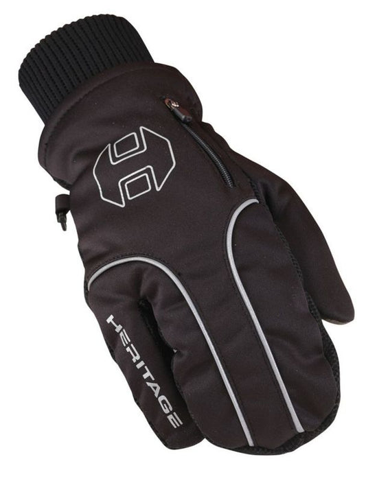 Black insulated glove with white logo and zipper detail.