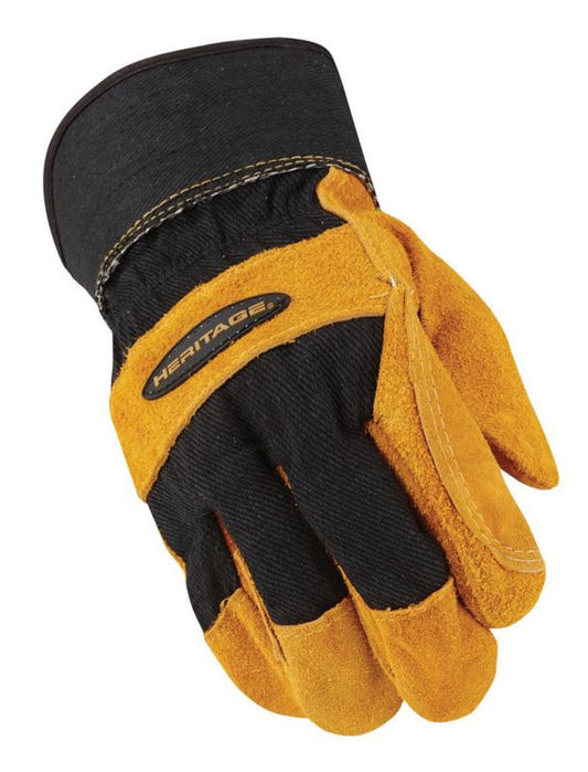 Alt text: Black and yellow work gloves with reinforced stitching and wristband.