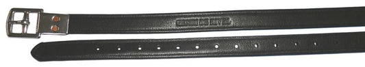 Black Henri de Rivel stirrup leathers with rectangular buckle holes.