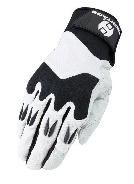 White and black sports glove with protective padding and wrist strap.
