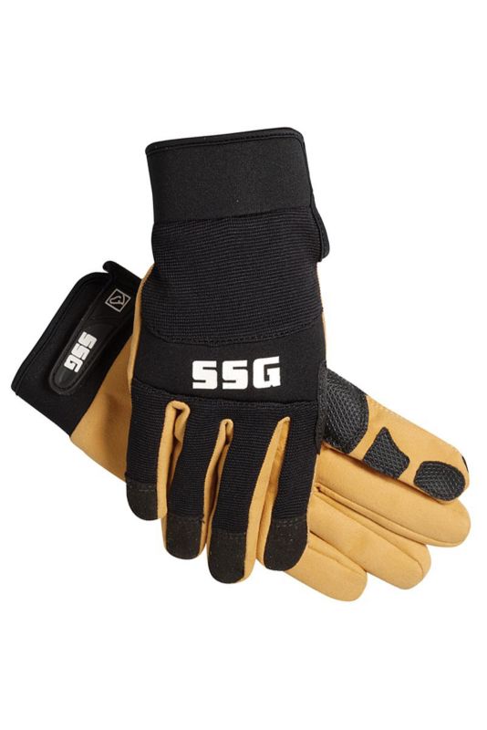 Pair of black and tan gloves with adjustable velcro wrist straps.
