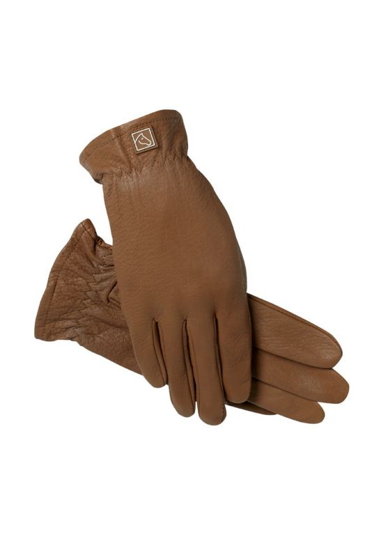 A pair of brown leather gloves isolated on a white background.