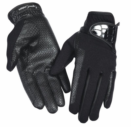 Pair of black textured gloves with touchscreen-friendly fingertips.