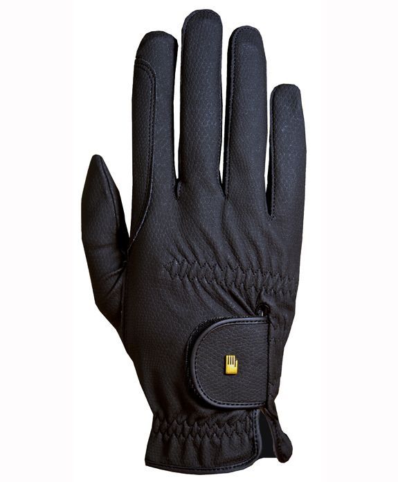 Black leather glove with textured grip and small gold emblem.