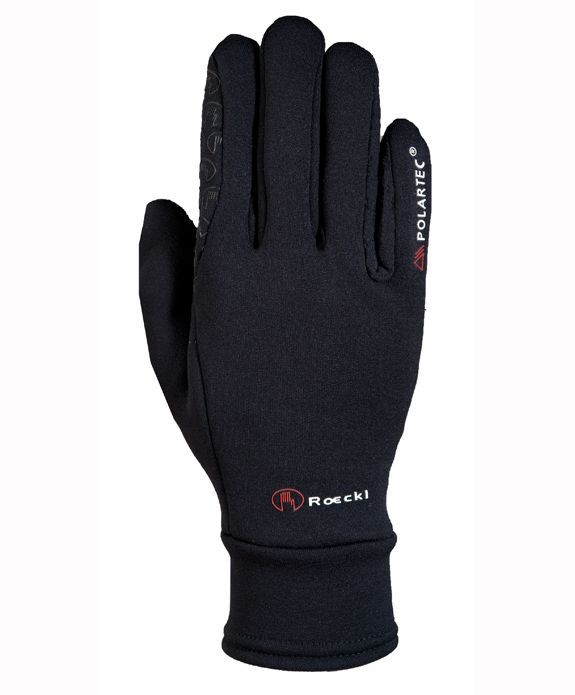 Black Roeckl brand gloves with red logos and text on wrist.