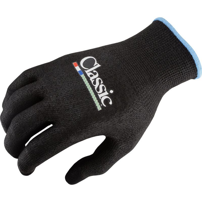 Black knit work gloves with blue cuff and white logo.