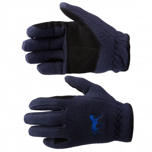 Pair of blue fleece gloves with black accents and emblem.