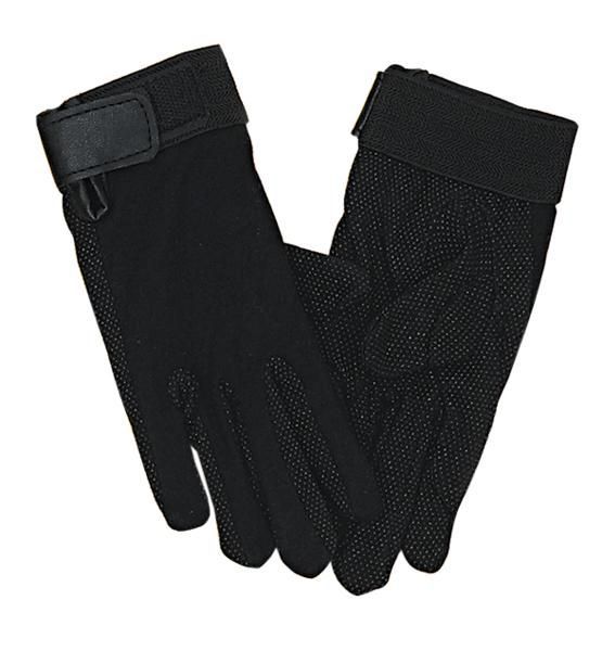 Pair of black textured grip gloves with Velcro wrist closure.