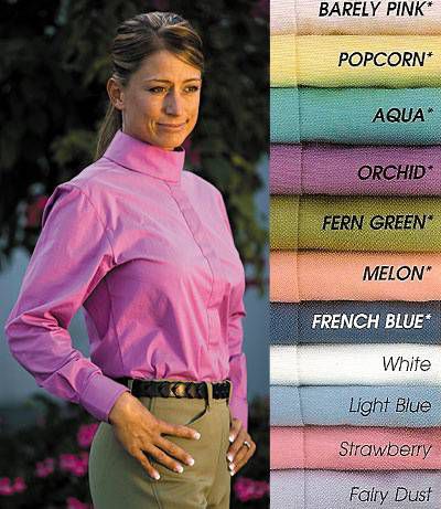 Woman showcasing Tuffrider shirt with color swatches on the right.