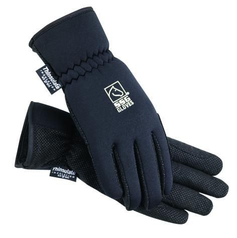 Pair of black insulated winter gloves with grip texture.