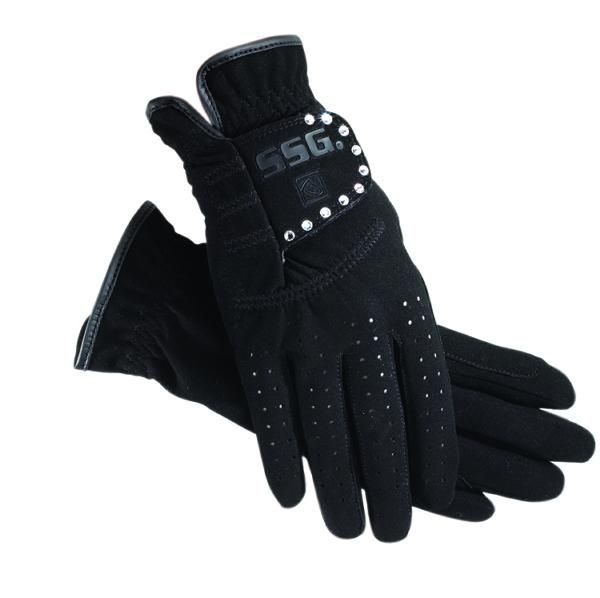 Black riding gloves with dotted grip and decorative rhinestones on wrist.
