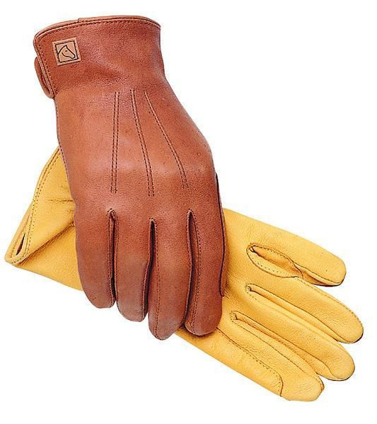 Brown and yellow leather work gloves isolated on white background.