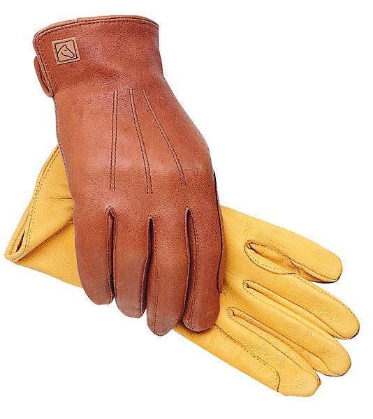 A pair of brown and yellow leather work gloves isolated on white.