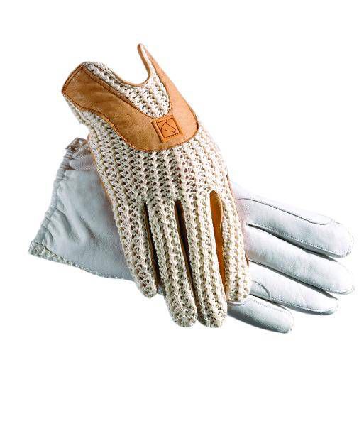 A pair of leather and knitted mesh work gloves on white background.