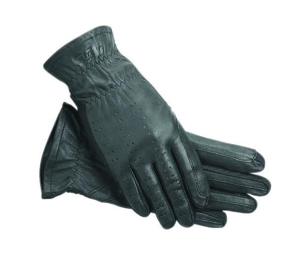 A pair of elegant black leather gloves with decorative perforations.