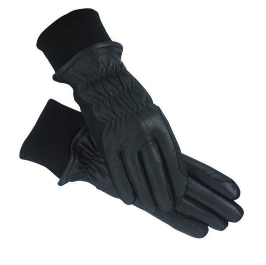 Black leather gloves with textured design on white background.