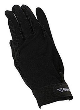 Black sports gloves with grip dots and a logo on wristband.