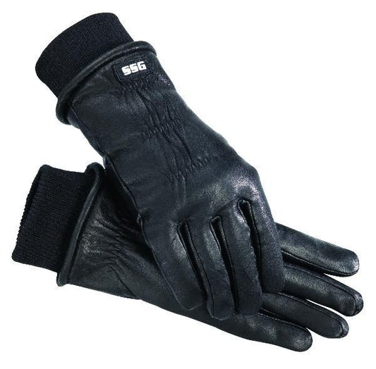 Black leather gloves with extended wrist and visible logo.