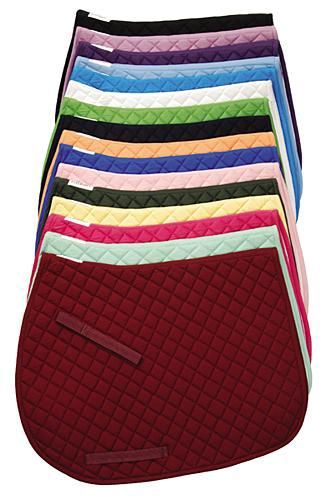 Assorted colorful Tuffrider horse saddle pads displayed in a row.