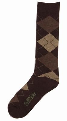 Tuffrider brand argyle patterned knee-high equestrian sock, brown tones.