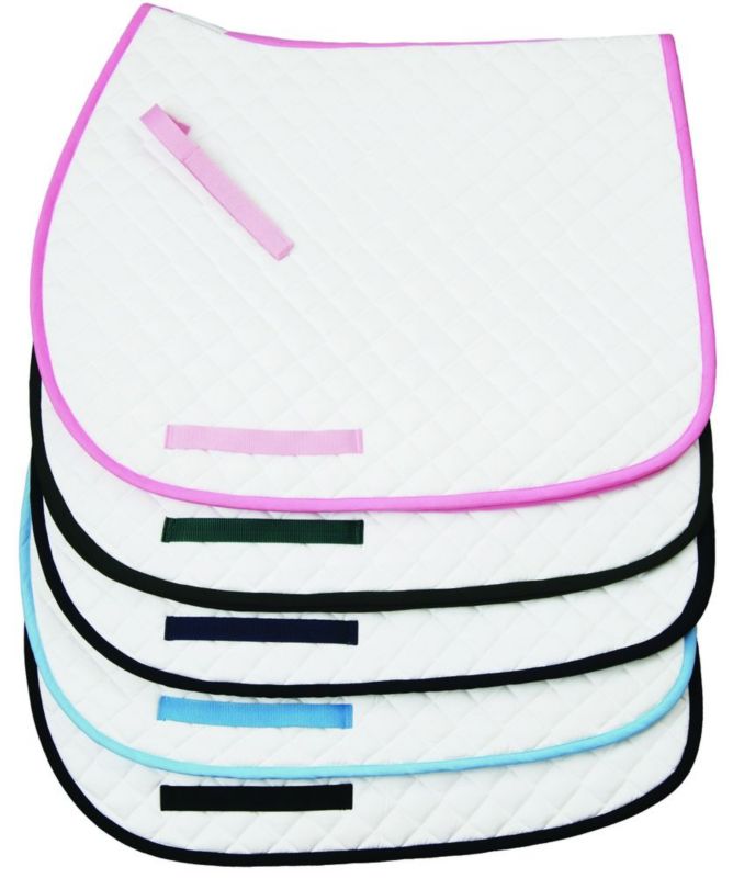 Stack of white Tuffrider horse saddle pads with colored trims.