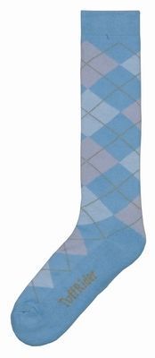 Tuffrider brand sock with blue and grey argyle pattern.