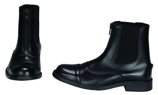 Tuffrider black leather paddock boots, zippered, elastic side panels.