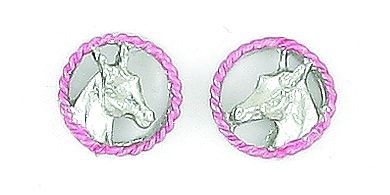 Silver horse-themed jewelry earrings with pink braided border detail.