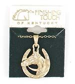 Gold horse themed jewelry pendant on black background with packaging.