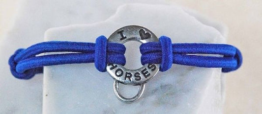 Blue cord bracelet with silver horse themed jewelry charm, "I [heart] HORSES."