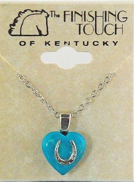 Blue heart-shaped pendant with horseshoe, horse themed jewelry.
