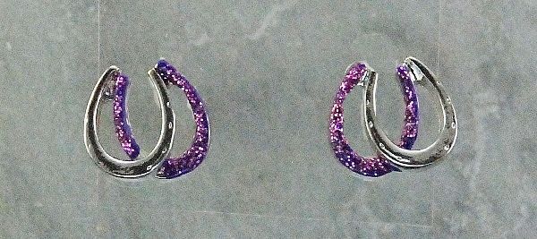 Silver horseshoe-shaped earrings with purple accents, horse themed jewelry.