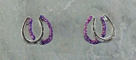 Silver horseshoe earrings with purple accents, horse themed jewelry.