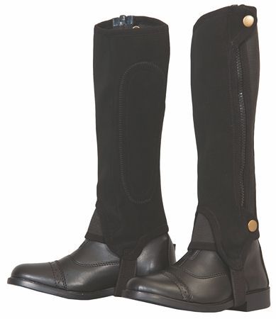 Tuffrider brand tall black equestrian boots with zipper detail.