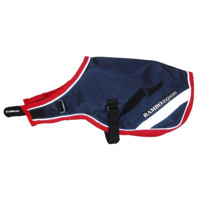 Alt text: Horseware branded navy blue RAMBO dog rug, side view.