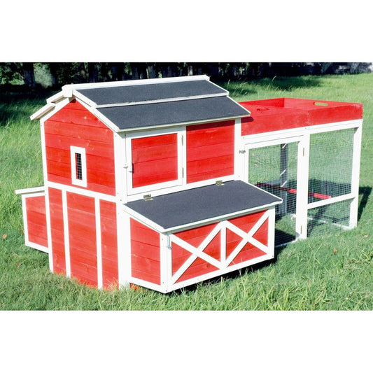 Merry Products red wooden chicken coop with outdoor enclosure on grass.
