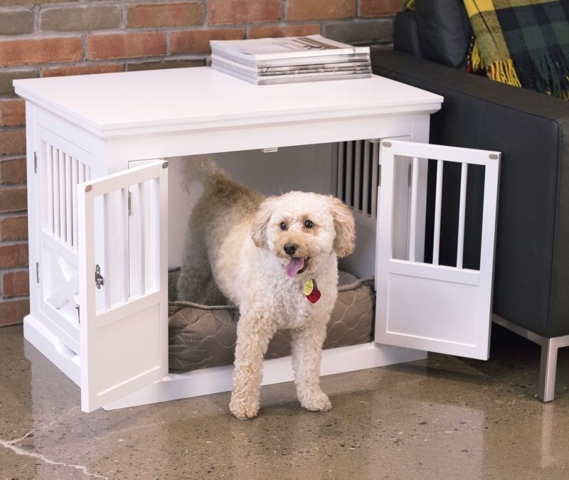 Merry Products white wooden dog crate with a happy dog inside.