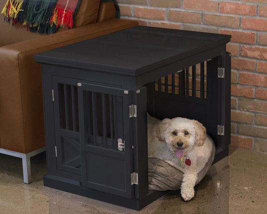 Merry Products dog crate with a happy dog inside, indoors.