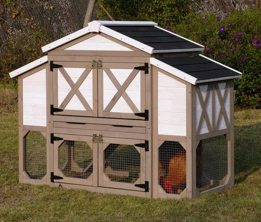 Merry Products wooden outdoor chicken coop with hinged roofs.