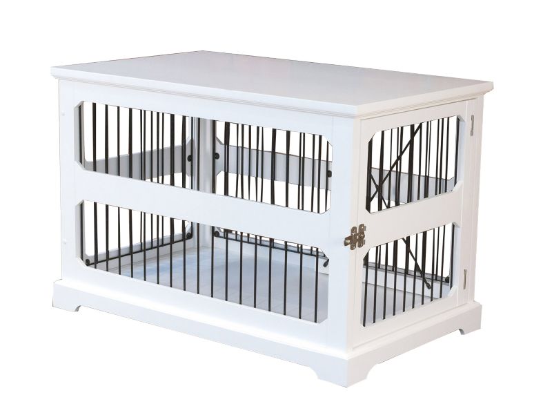 Merry Products white wooden pet crate with stylish bars and latch.