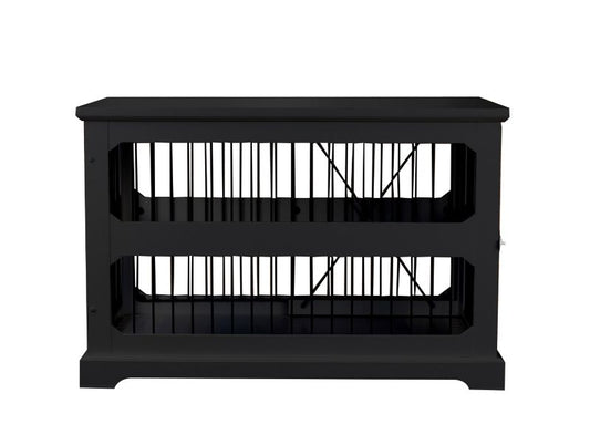 Merry Products black wooden double-decker pet crate with bars.