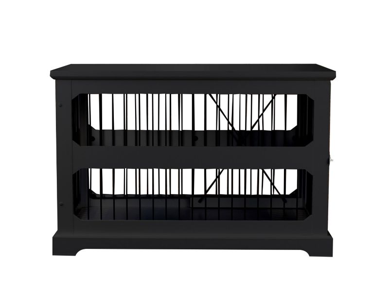 Merry Products black wooden double-decker pet crate with vertical bars.