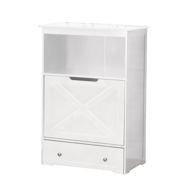 Merry Products white wooden cabinet with shelf and closed compartment.
