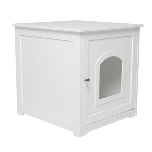 Merry Products white wooden pet crate with single front door.