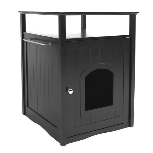 Merry Products black wooden pet house with an arched door.
