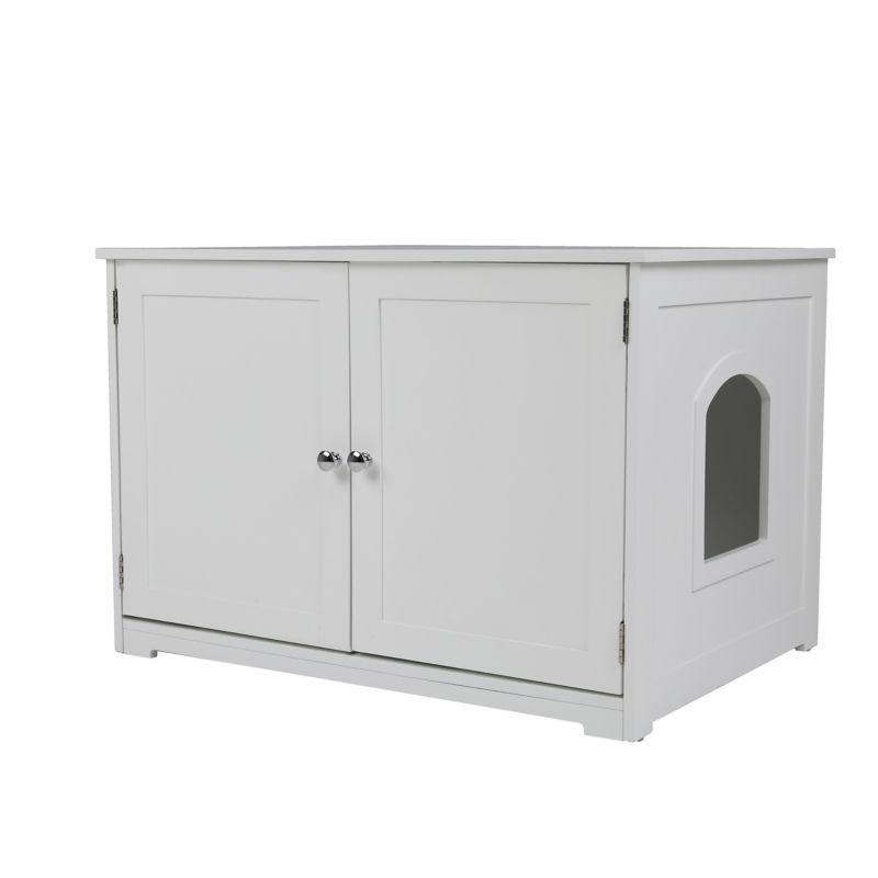 Merry Products white wooden pet crate with dual doors and window.